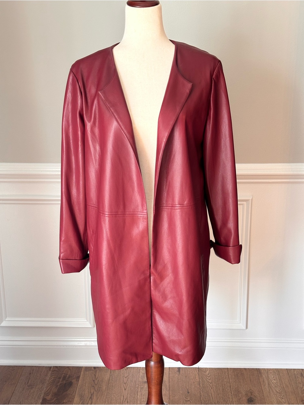 Chico's Burgundy Faux Leather Open-Front Longline Coat size 2 US 12/14